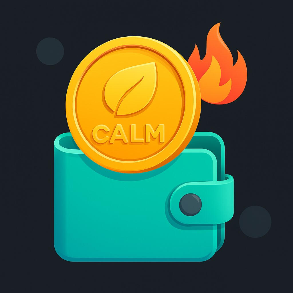 Imagine simbolică a tokenului CALM cu portofel digital și efect de ardere