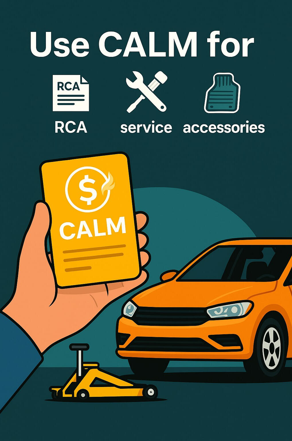 Imagine care arată cum poate fi folosit tokenul CALM pentru asigurări auto, service și accesorii mașină